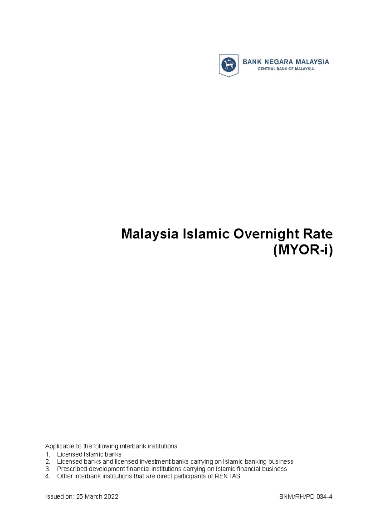 PD Malaysia Islamic Overnight Rate Issued on 25 March 2022 BNM/RH
