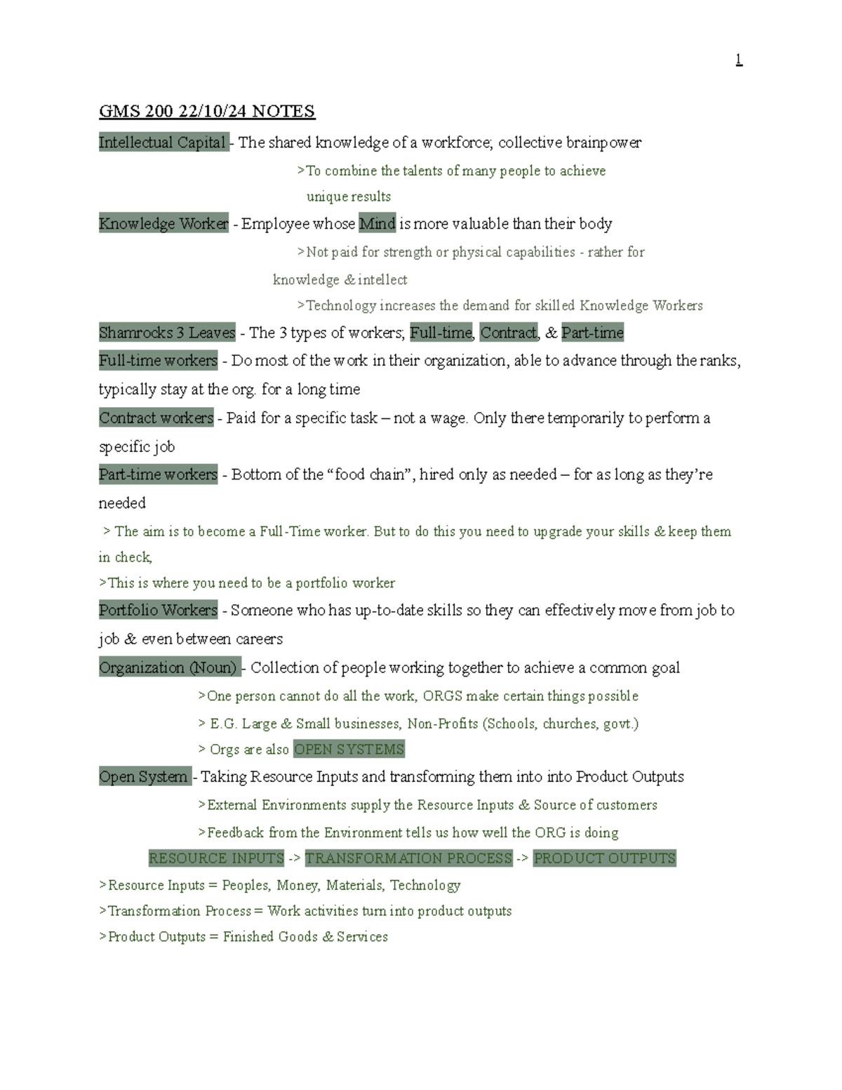 GMS200 Midterm Notes 2024 - GMS 200 22/10/24 NOTES Intellectual Capital ...