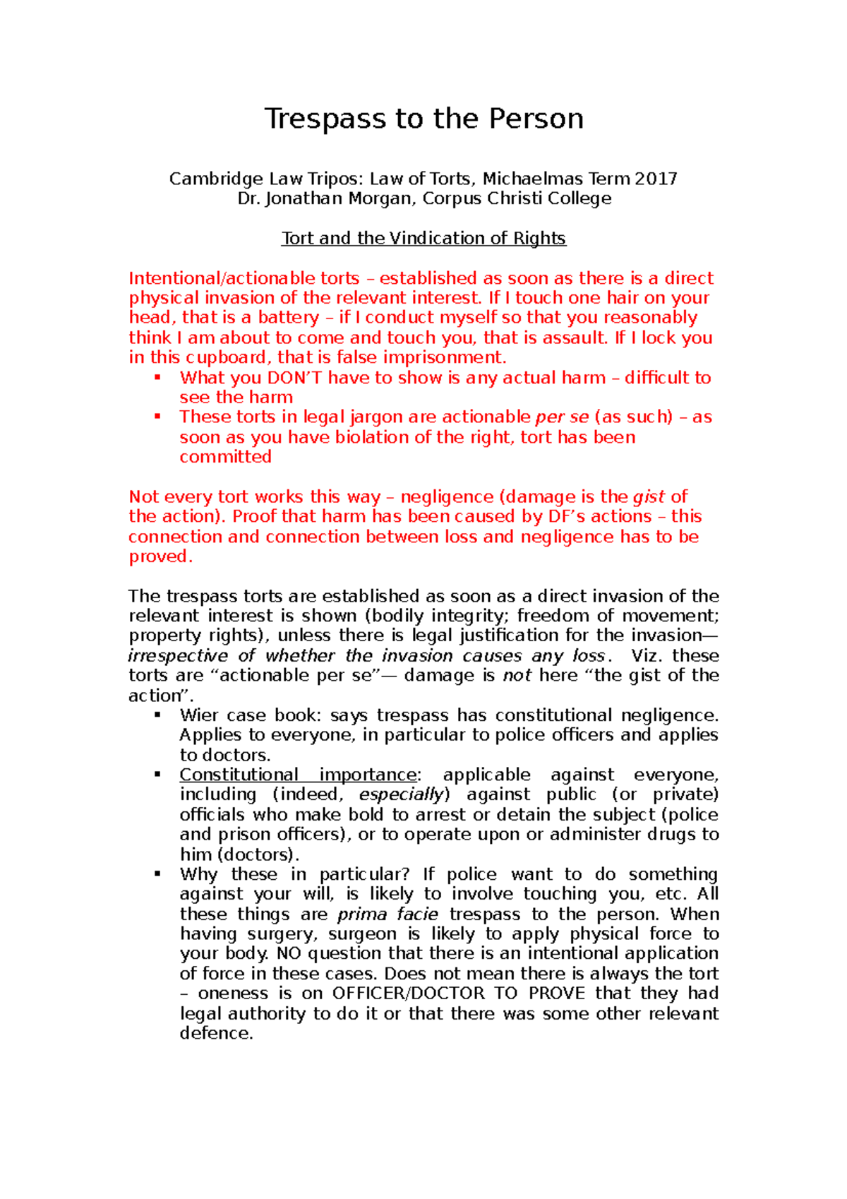 2 Trespass handout MT17 - Wilkinson v Downton - Trespass to the Person ...