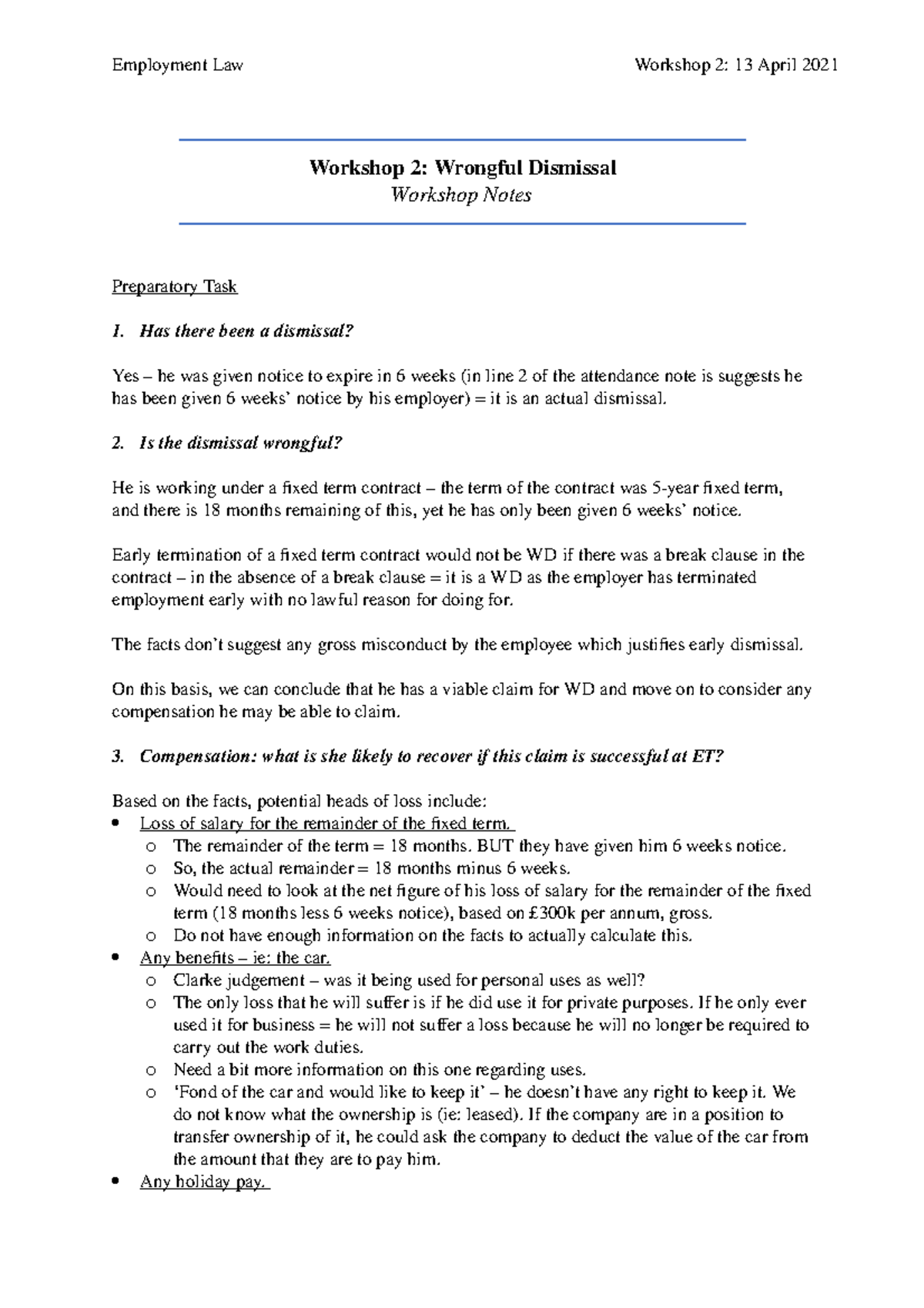 EMP Workshop 2 Notes - Wrongful Dismissal - Workshop 2: Wrongful ...