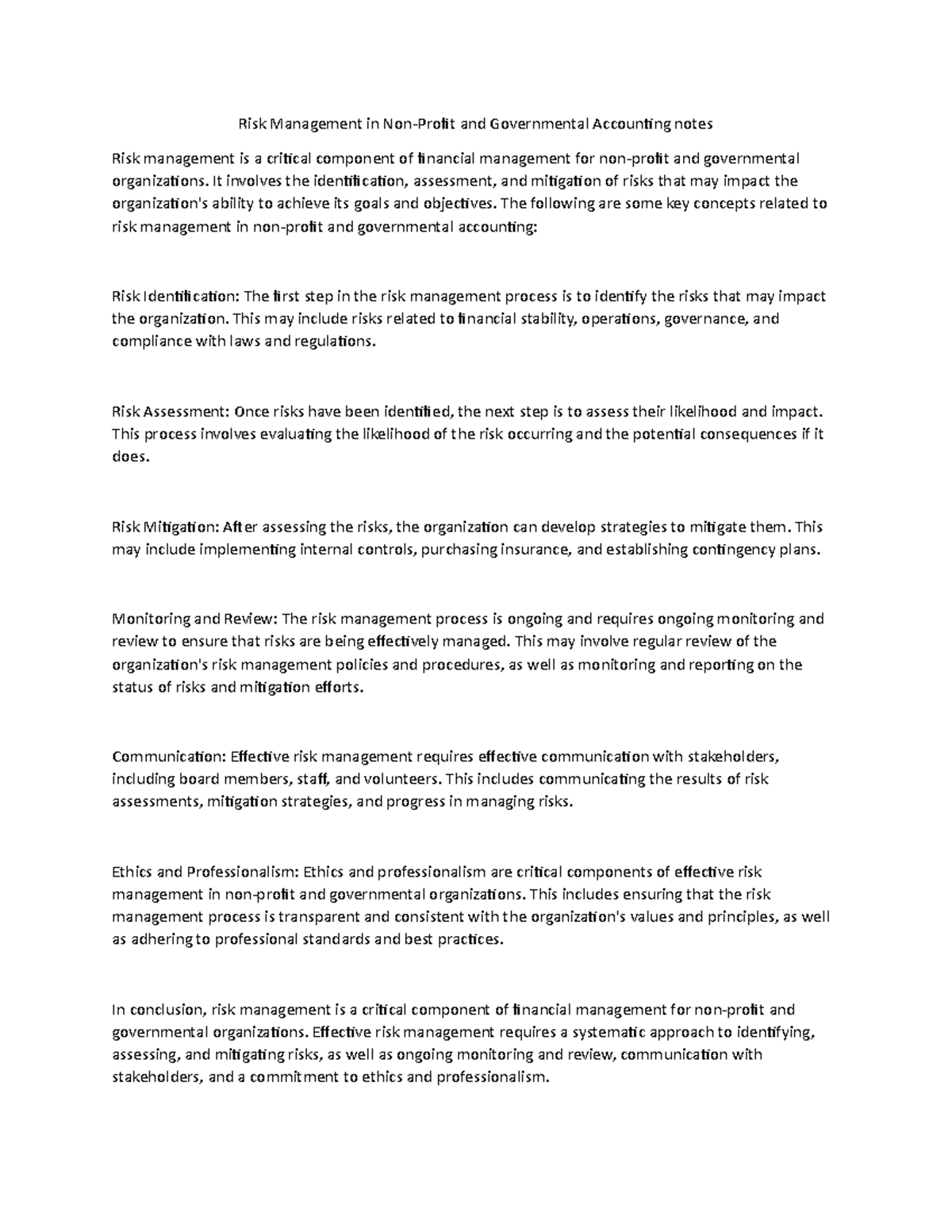 Risk Management in Non-Profit and Governmental Accounting notes - It ...