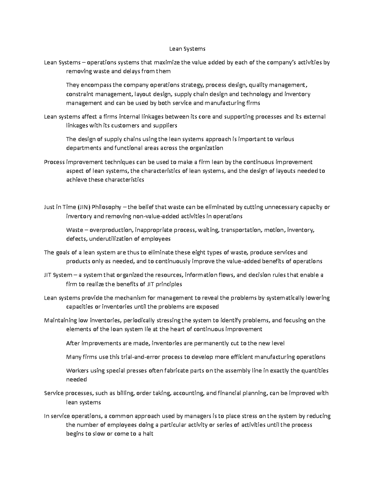 Chapter 6-K Notes - Lean Systems Lean Systems – operations systems that ...