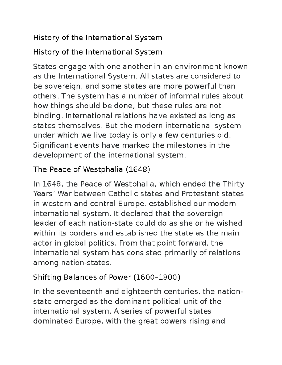 History of the International System History of the International