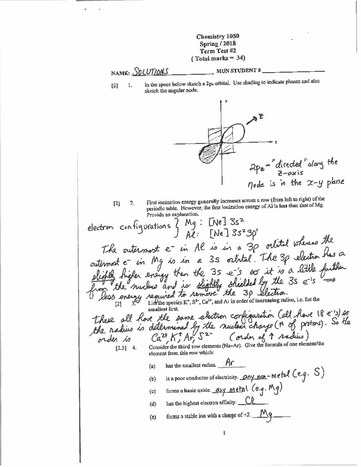 Test 2 2018, questions and answers - Chemistry 1050 Spring I 2018 Term ...