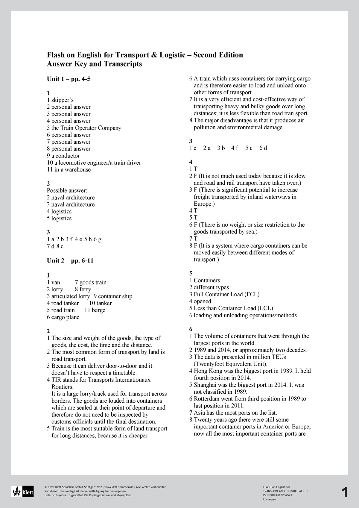 Flash on Transport Logistics loesungen - FLASH on English for TRANSPORT AND  LOGISTICS A2 – B ISBN - Studocu