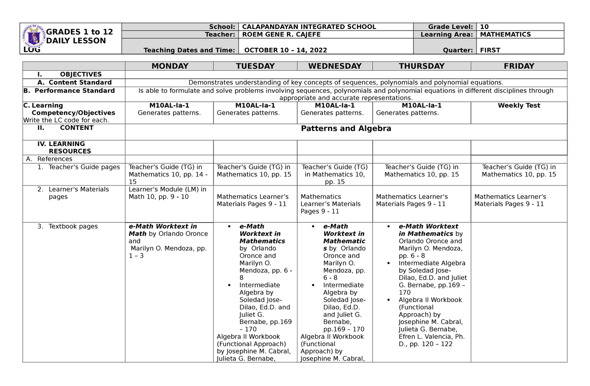 MATH10 DLL Q1 - FIRST QUARTER WEEK 1 - GRADES 1 To 12 DAILY LESSON LOG ...