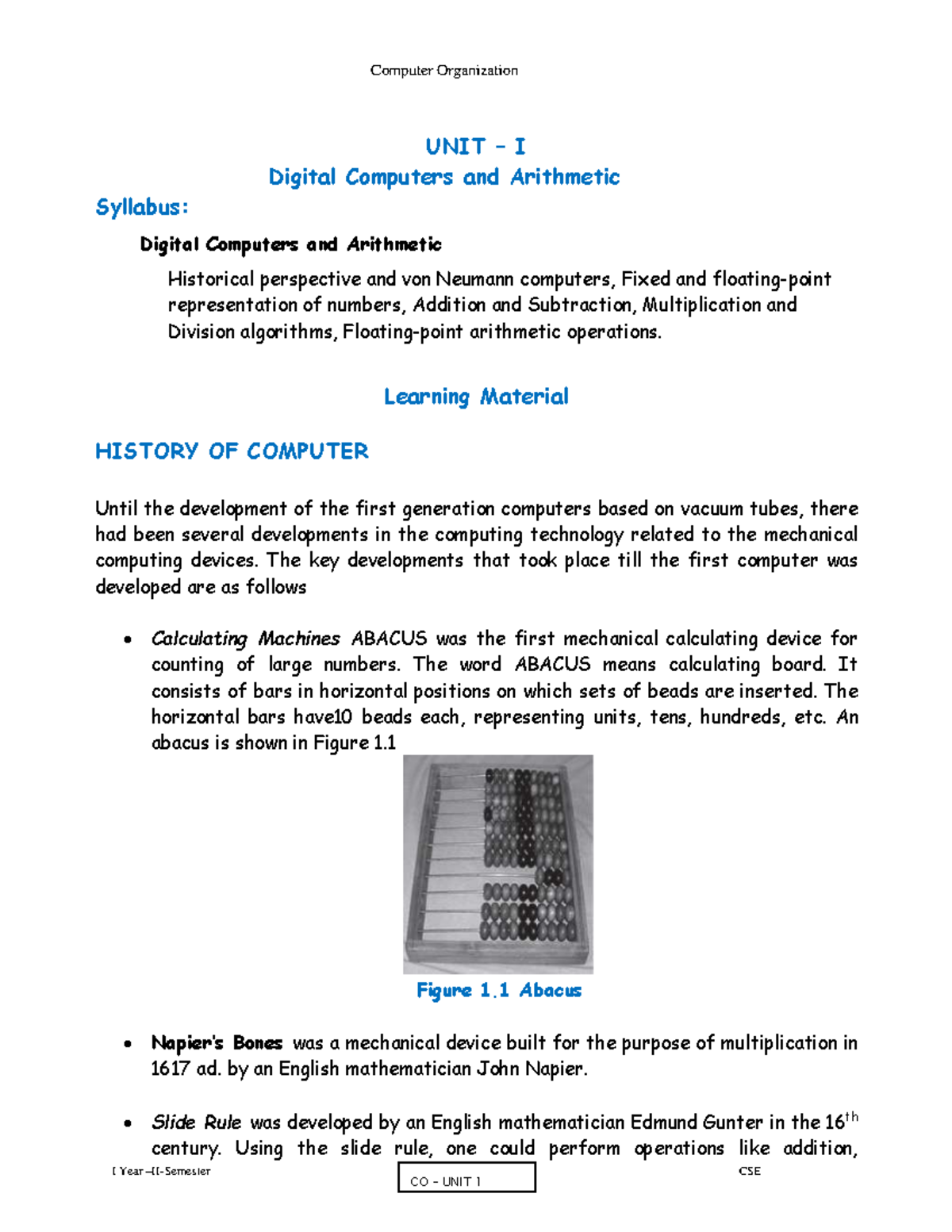CO UNIT 1 1 - Computer organisation - 1 I Year – II-Semester CSE UNIT ...