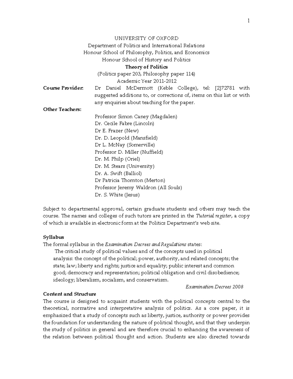 203+Theory+of+Politics+Reading+list+11 12 - UNIVERSITY OF OXFORD ...