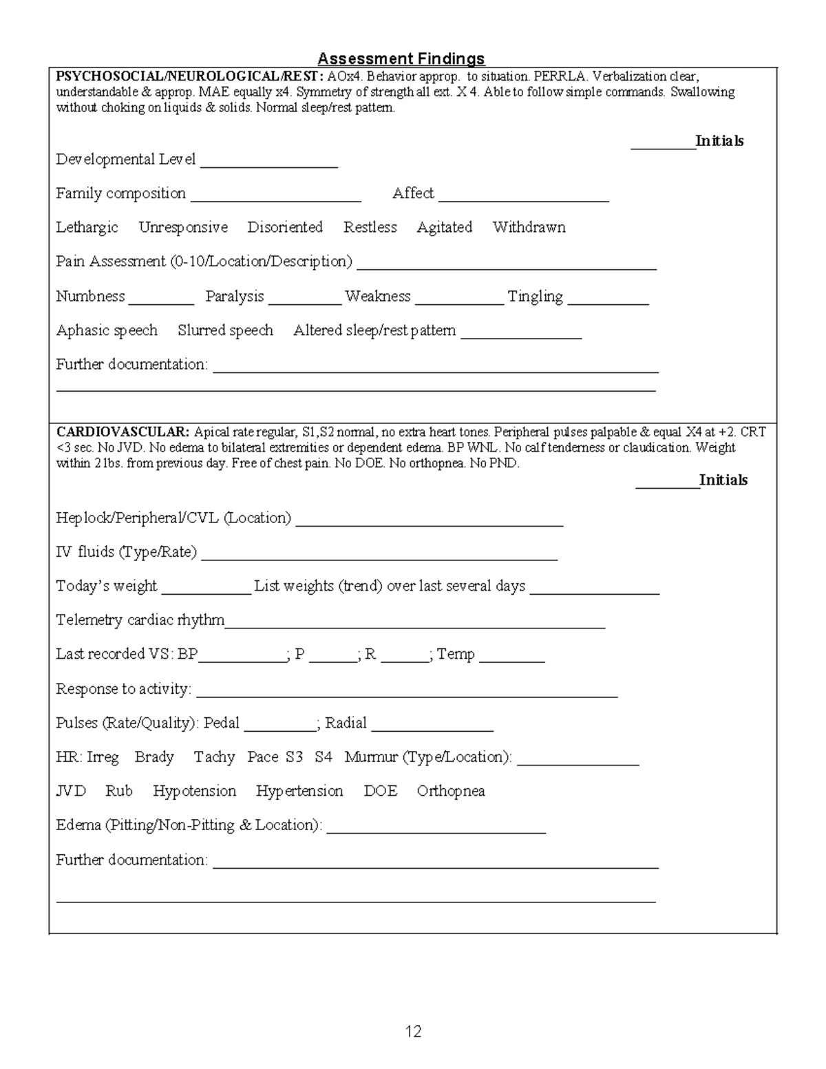 Advanced Adult Physical Assessment Form - Assessment Findings ...