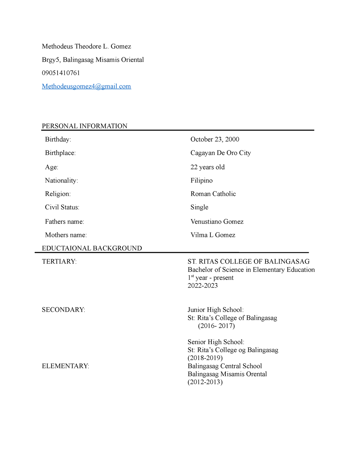 Curriculum Vitae - This information is for my reviewer - Methodeus ...