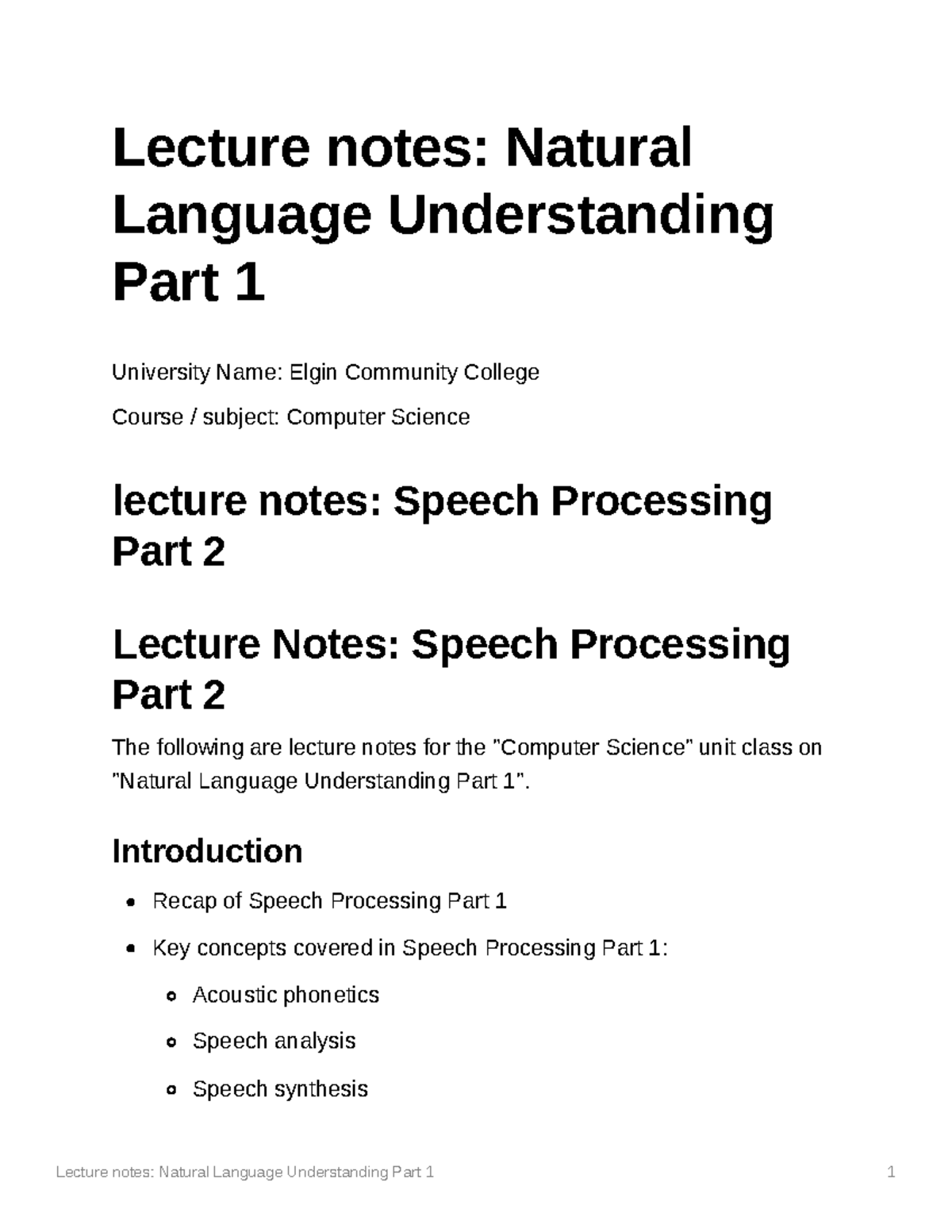 Lecture Notes Natural Language Understanding Part 1 - Lecture Notes ...