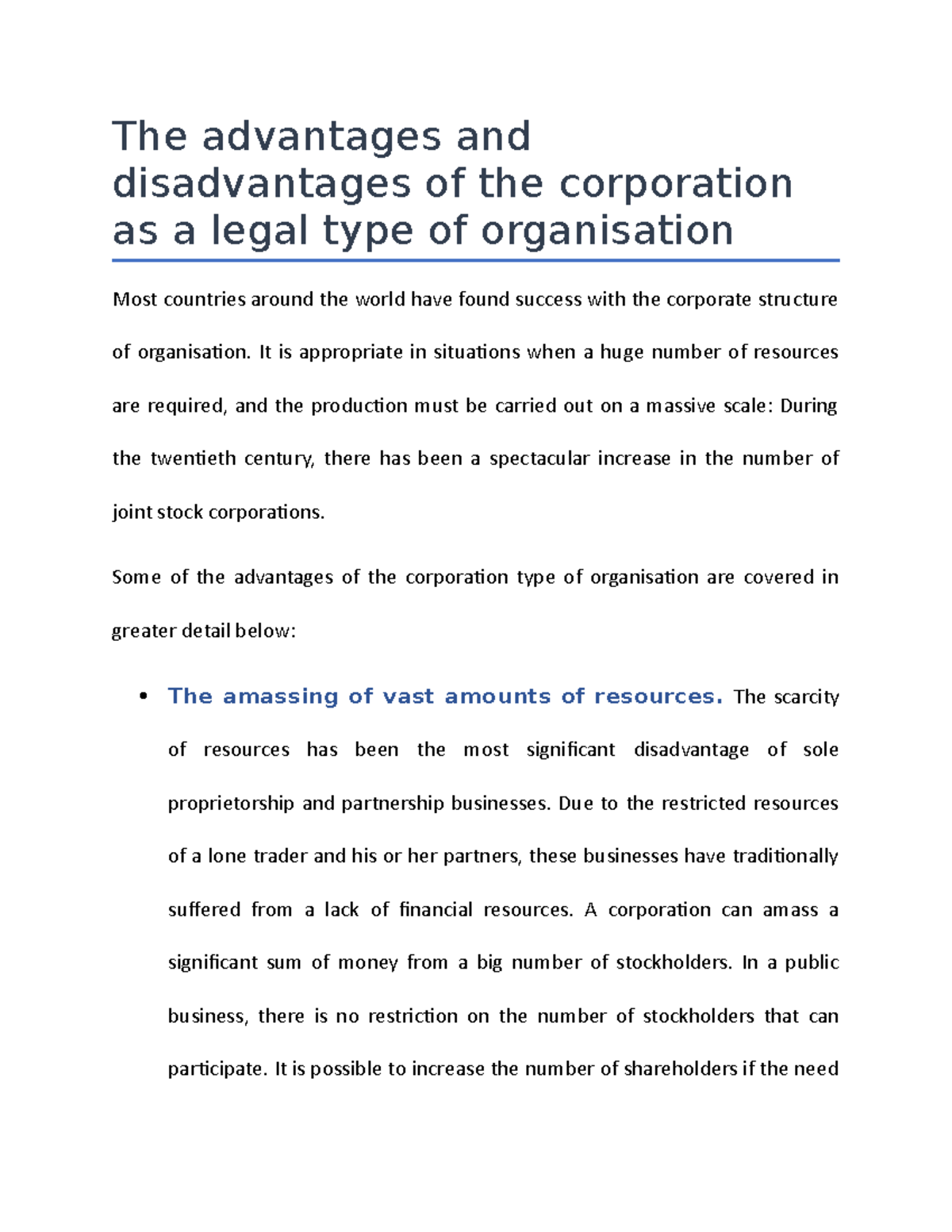 The advantages and disadvantages of the corporation as a legal type of
