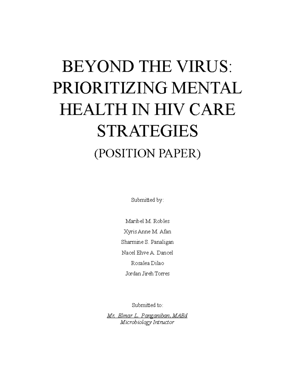 Position Paper - BEYOND THE VIRUS: PRIORITIZING MENTAL HEALTH IN HIV ...