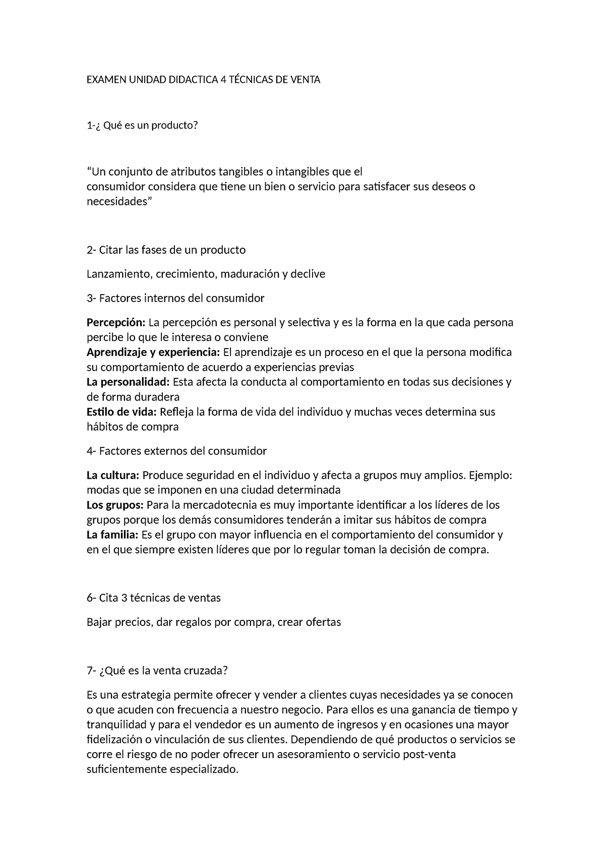 Examen Unidad Didactica 4 Técnicas De Venta Examen Unidad Didactica 4 TÉcnicas De Venta 1