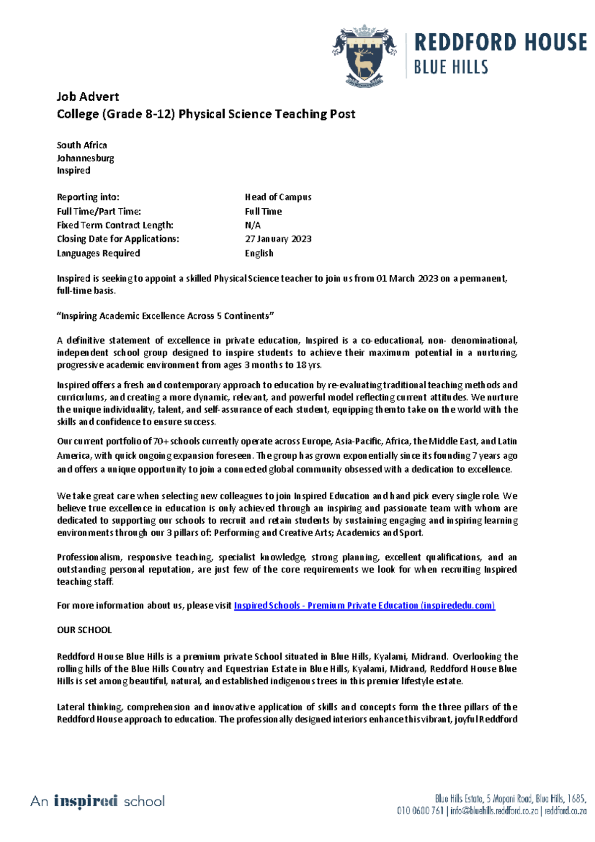 JobAdvertPhysicalScienceTeachingPostMarch2023 Job Advert