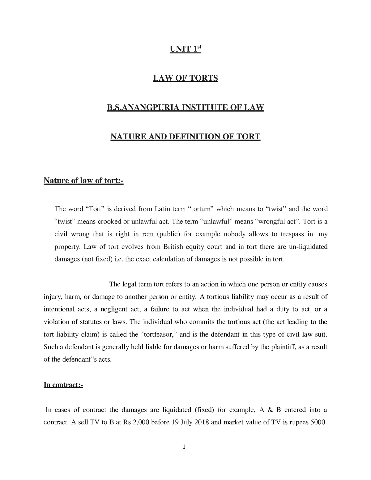 Law Of Tort 23 Feb 2021 - Summary B.A.LLB. - UNIT 1 St LAW OF TORTS B.S ...