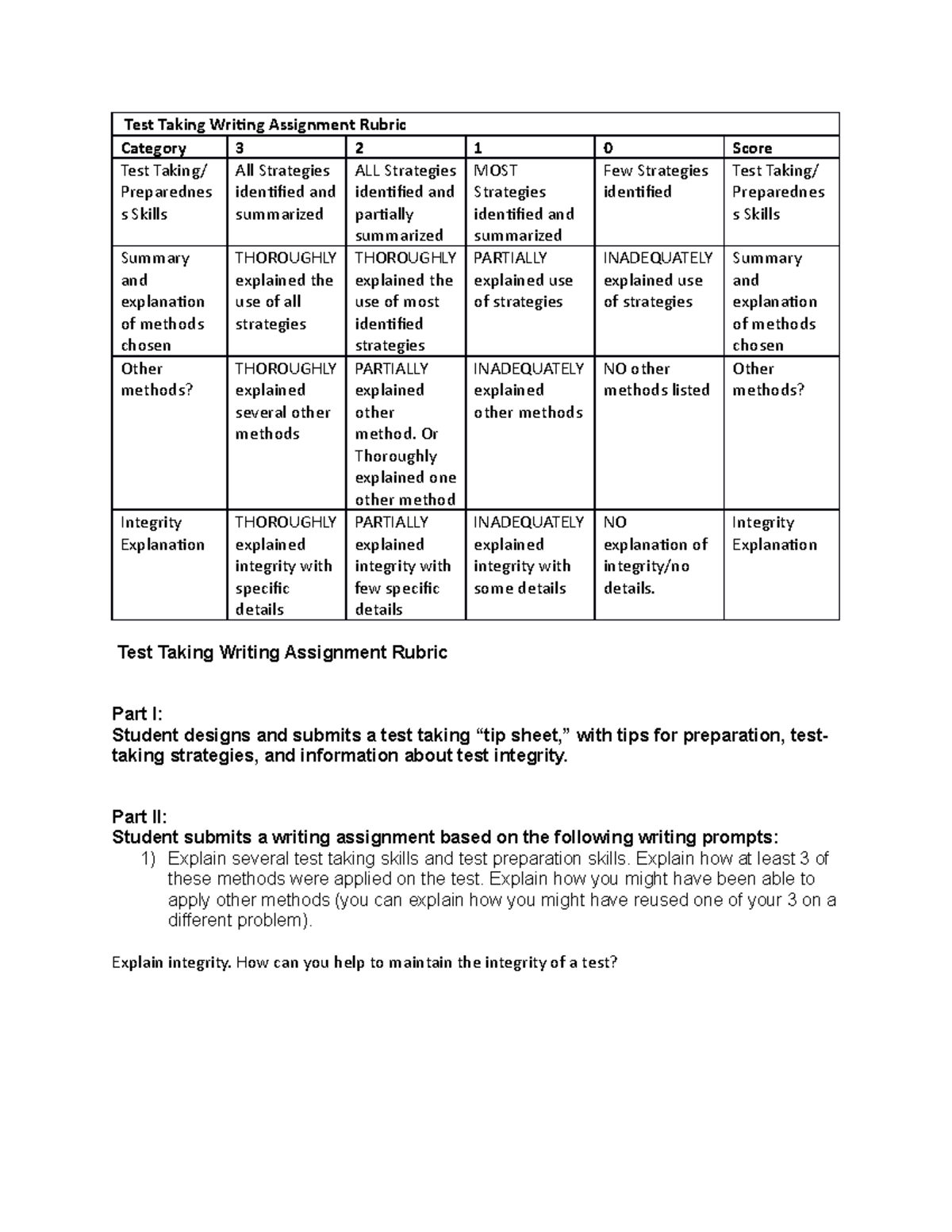 Test taking writing assignment rubric test taking writing assignment
