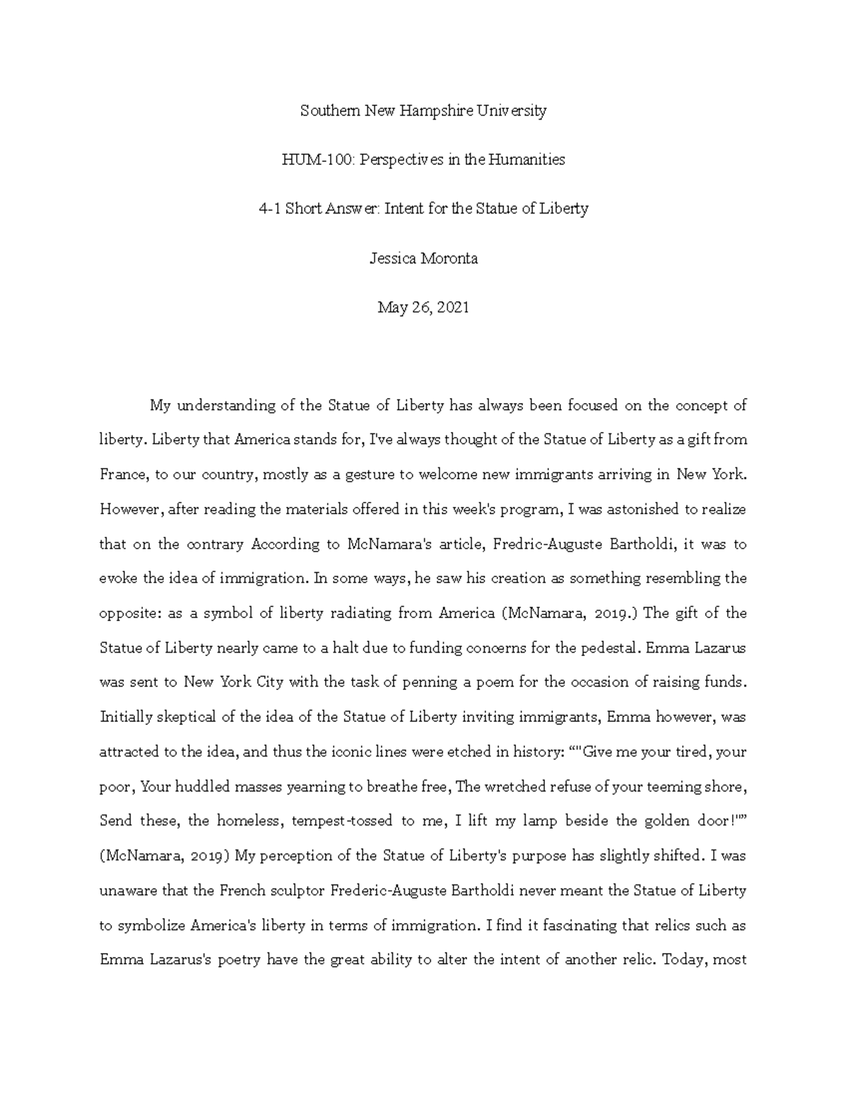 Humanities 100 module 4 short answer Statue of Liberty Southern New