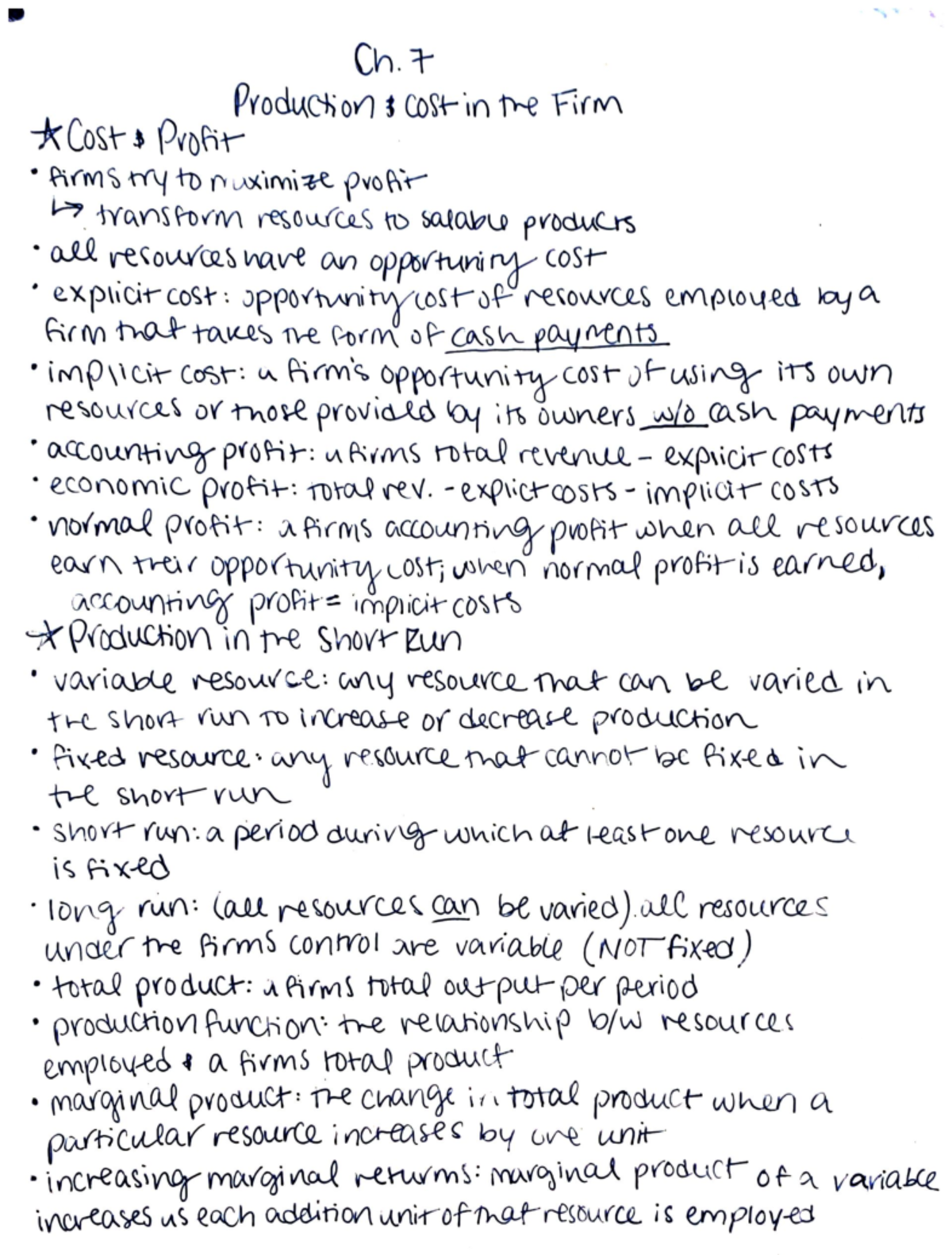 Chapter 7 Notes - . Ch. Production : cost in the Firm *Cost & Profit ...