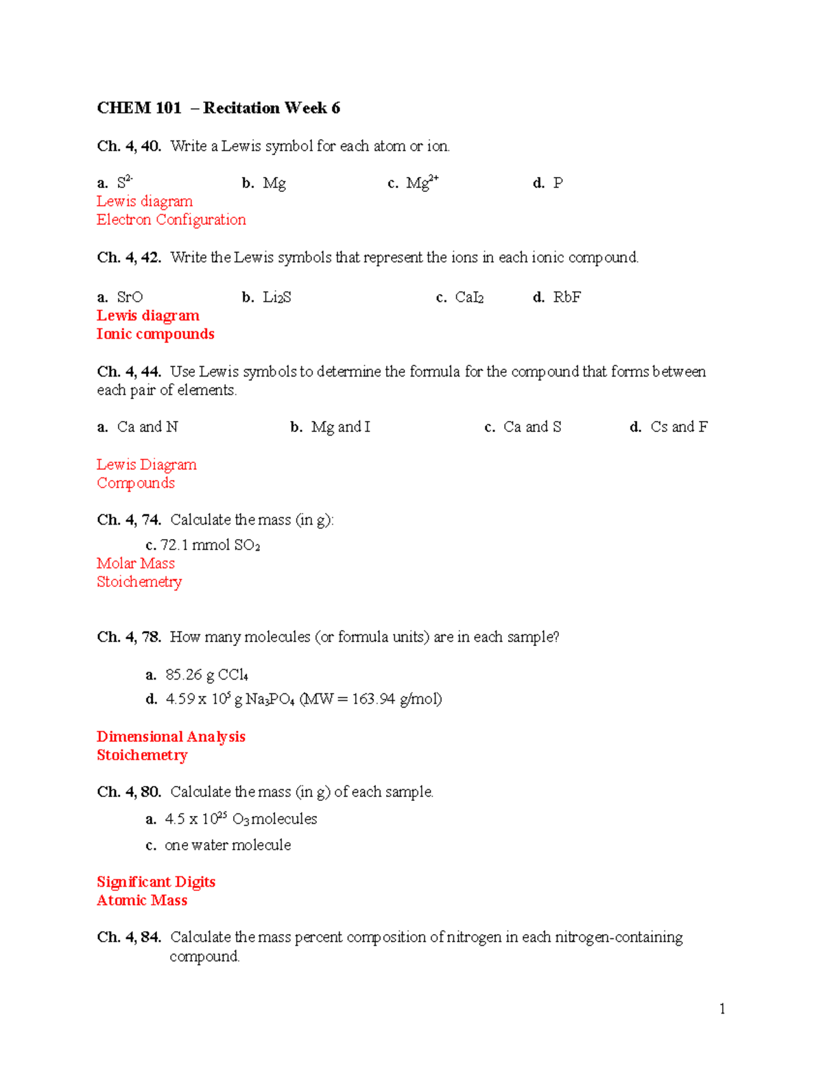 Recitation 6 assignment - CHEM 101 – Recitation Week 6 Ch. 4, 40. Write ...