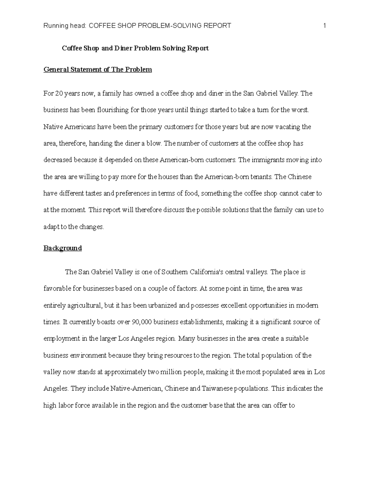 Coffee Shop and Diner Problem Solving Report Running head COFFEE