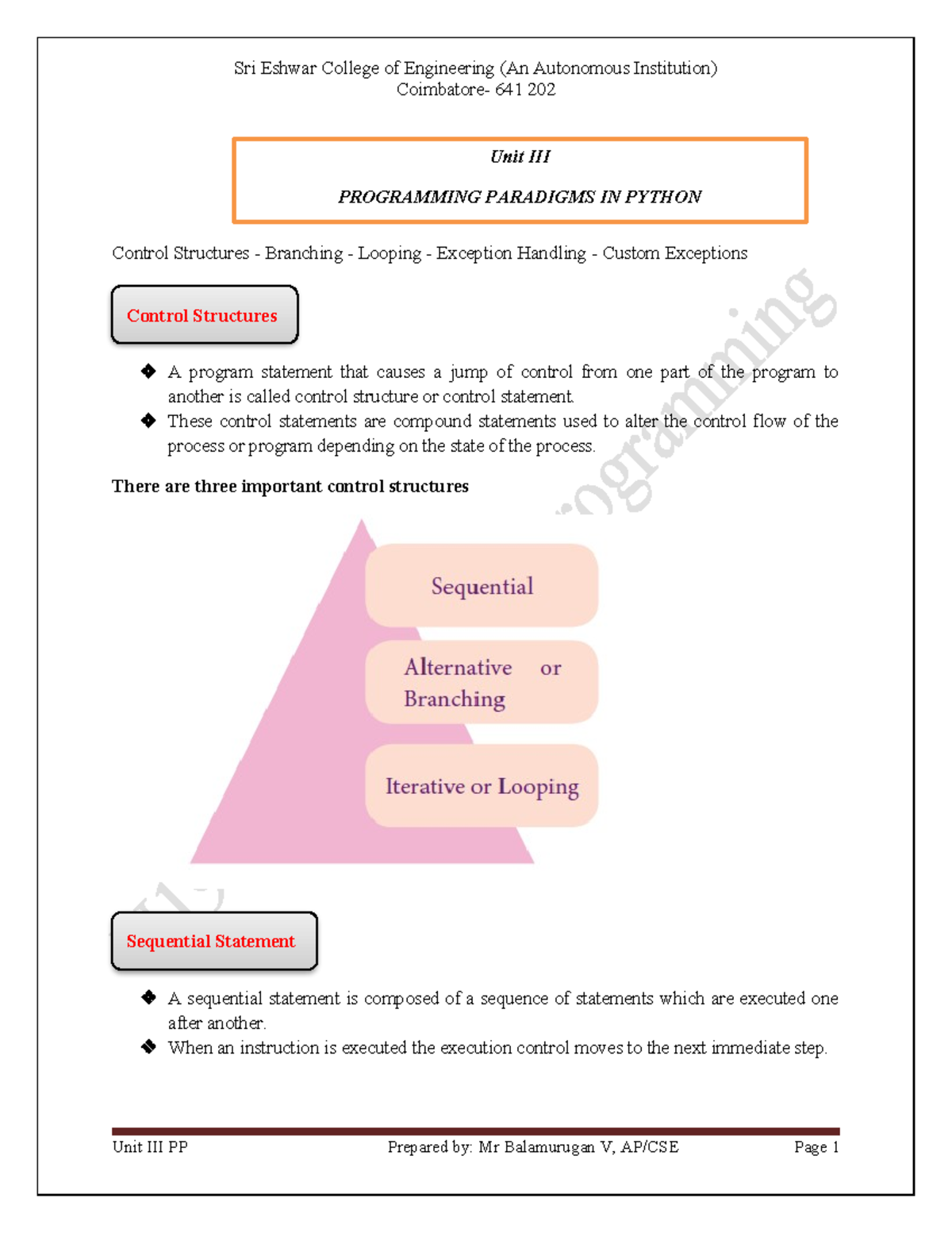 PP Unit III Notes - NIL - Coimbatore- 641 202 Control Structures ...