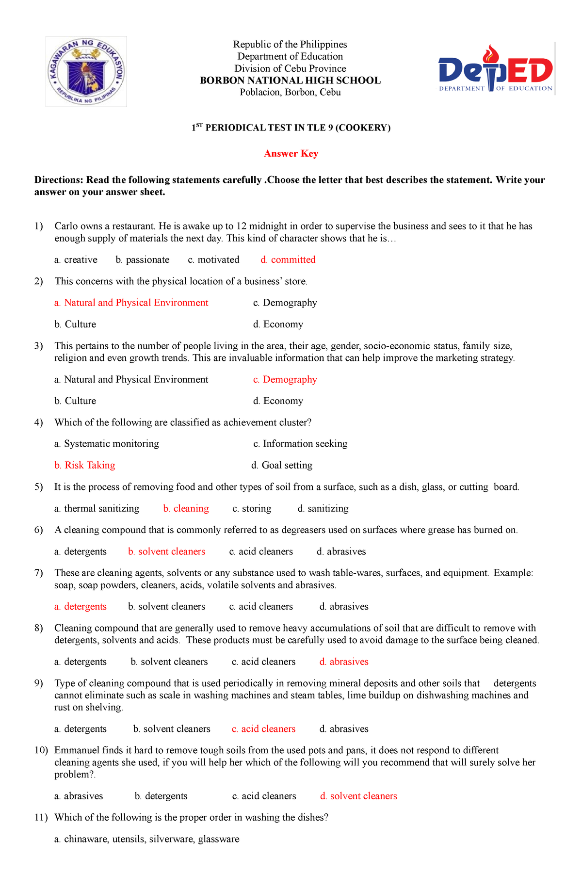 Tle 9 1st PT Answer KEY - BS Secondary Education - Studocu