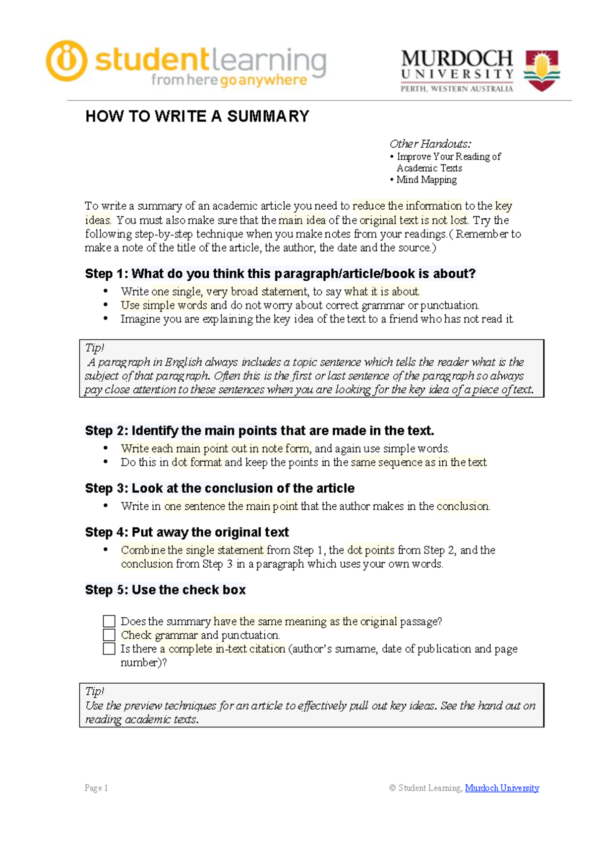How to write a summary Annotated Guide - Page 1 © Student Learning ...