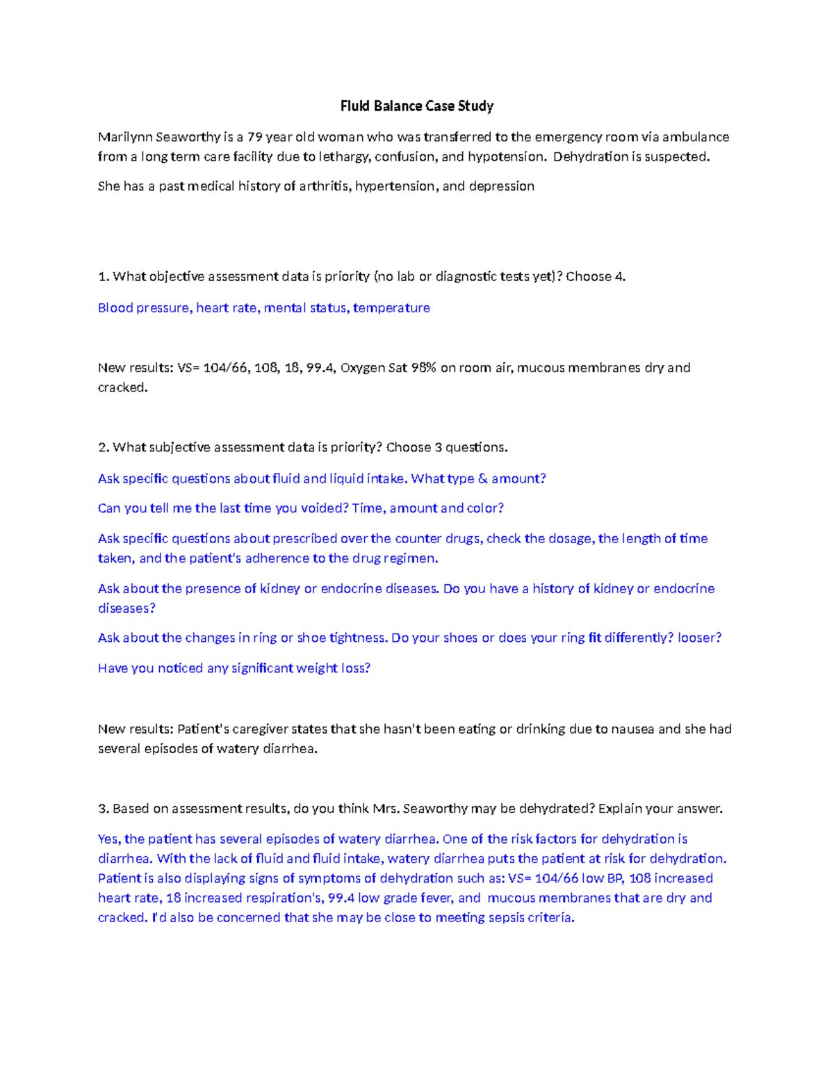 Dehydration Case study Fluid Balance Case Study Marilynn Seaworthy is