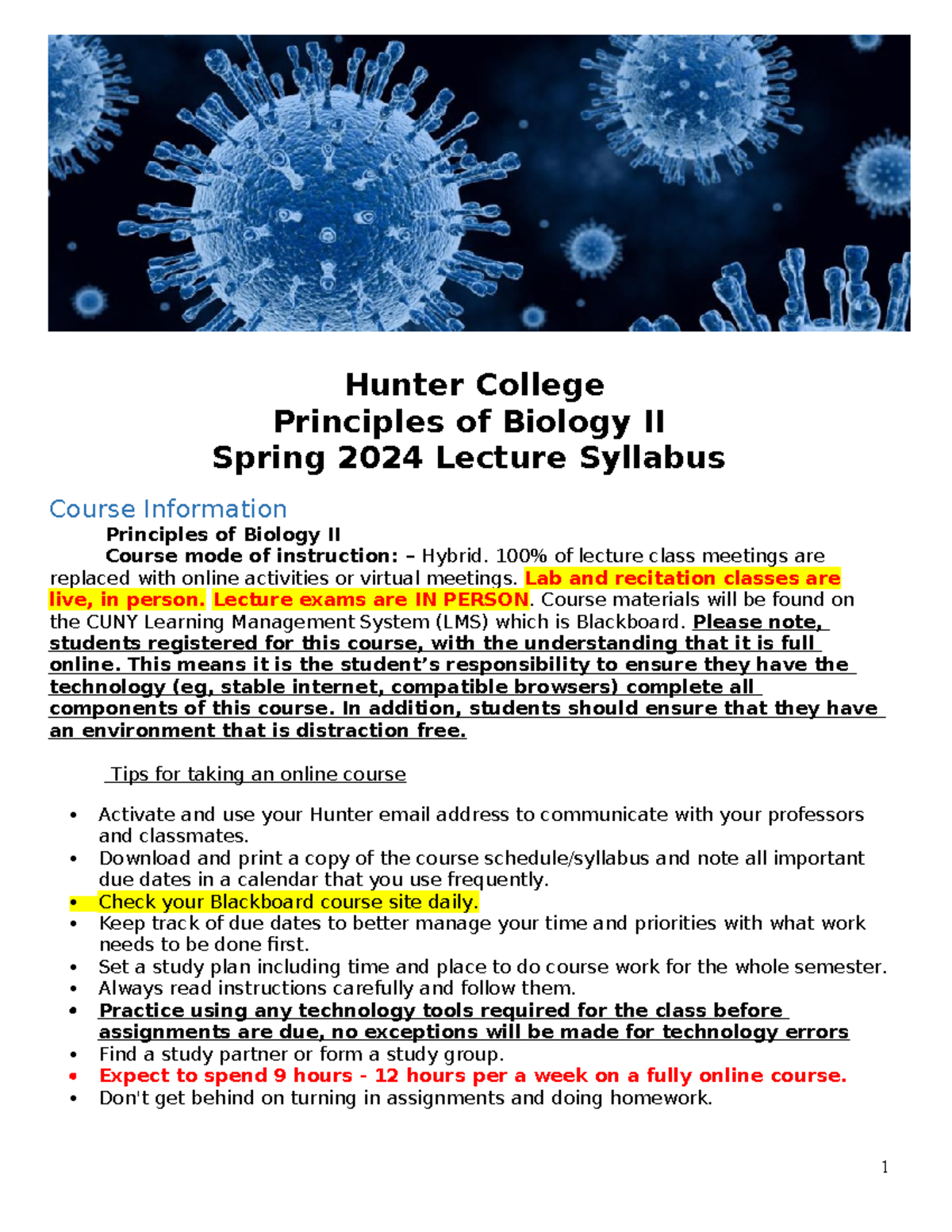 BIOL102 Syllabus SP24 - Hunter College Principles of Biology II Spring ...