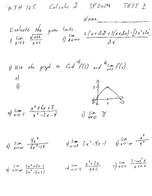 CAL I TEST 2 - test - Calculus I Test 2 SP 2023 Name Find the ...