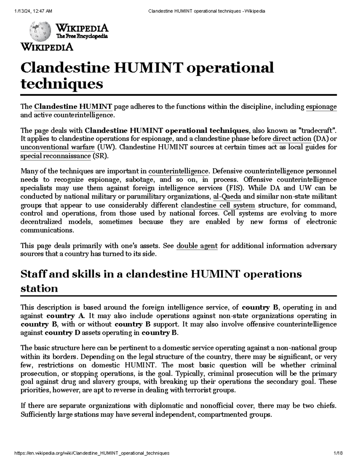 Clandestine Humint Operational Techniques - Wikipedia - Clandestine 