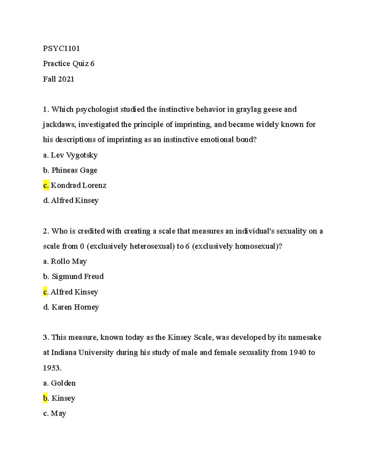 Psych 1101 Practice Quiz 6 Fall 2021 PSYC Practice Quiz 6 Fall 2021