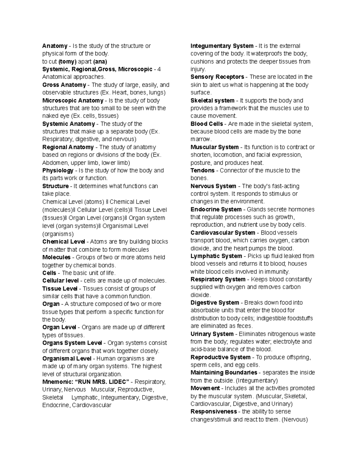 Anaphy Cheat Sheet - Anatomy - Is the study of the structure or ...