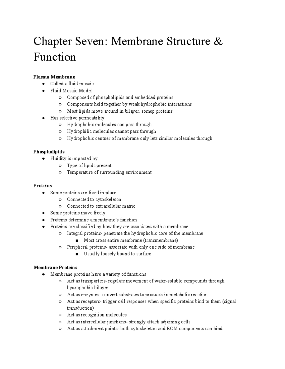 BI 211 Chapter 7 Notes - Chapter Seven: Membrane Structure & Function ...