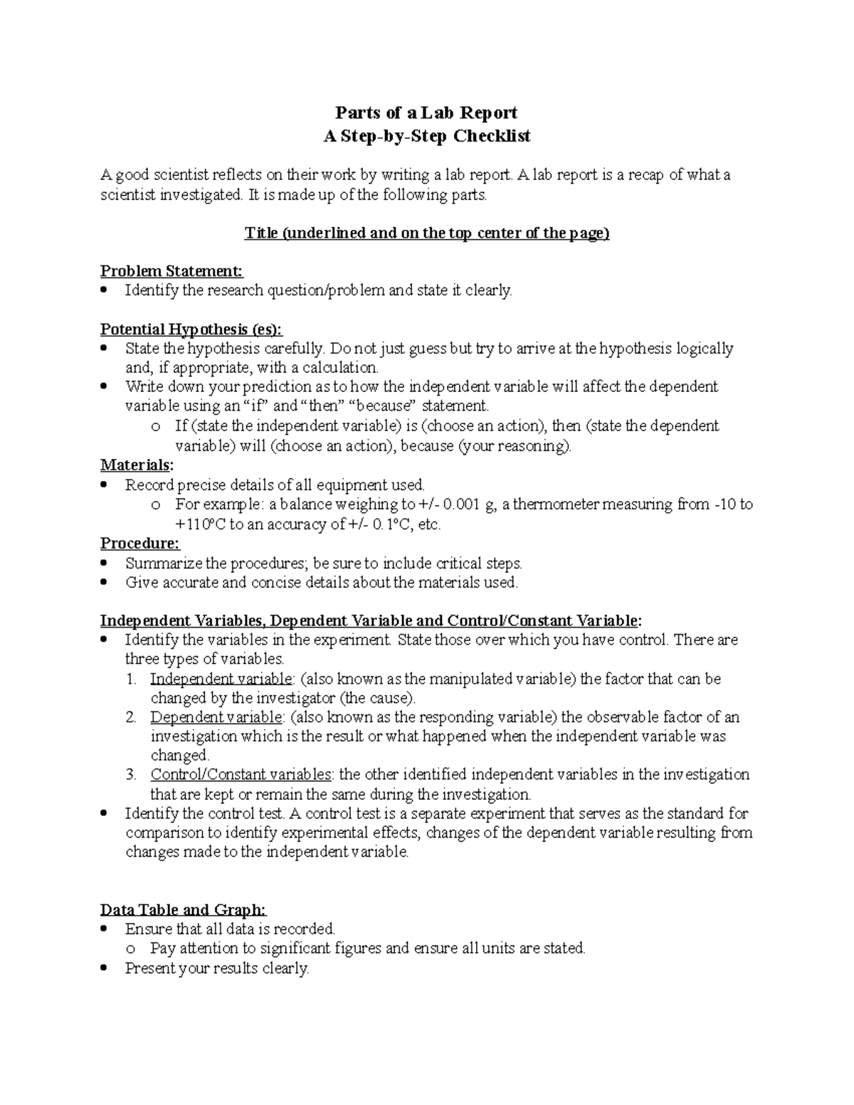 Parts of a Lab Report Template - Parts of a Lab Report A Step-by-Step ...