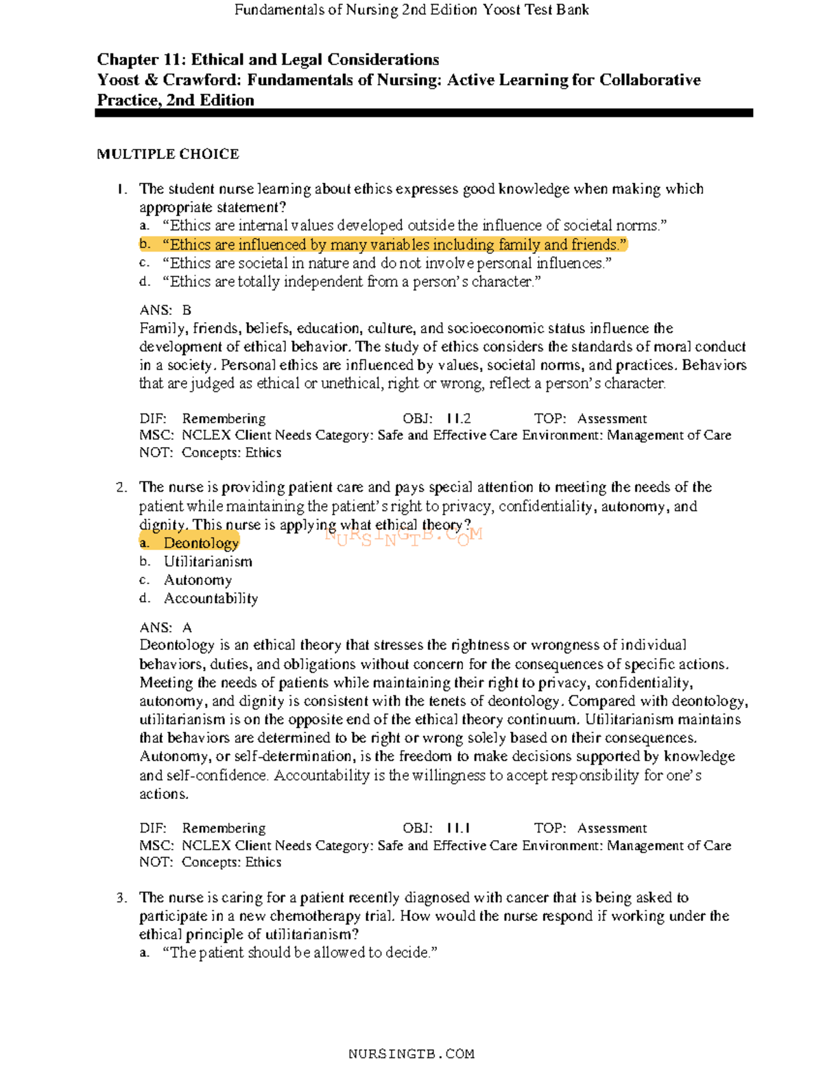 Ch. 11 - Test Bank - NURSINGTB Chapter 11: Ethical And Legal ...