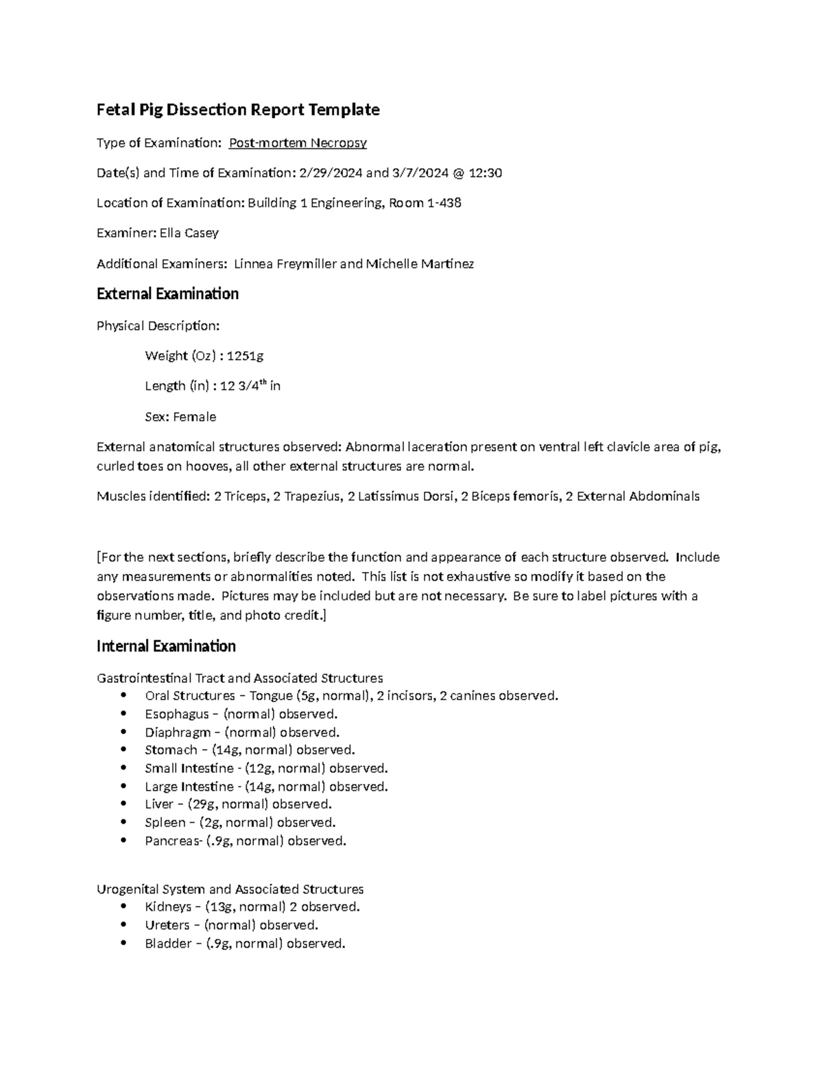 Fetal pig dissection, necropsy report - Fetal Pig Dissection Report ...