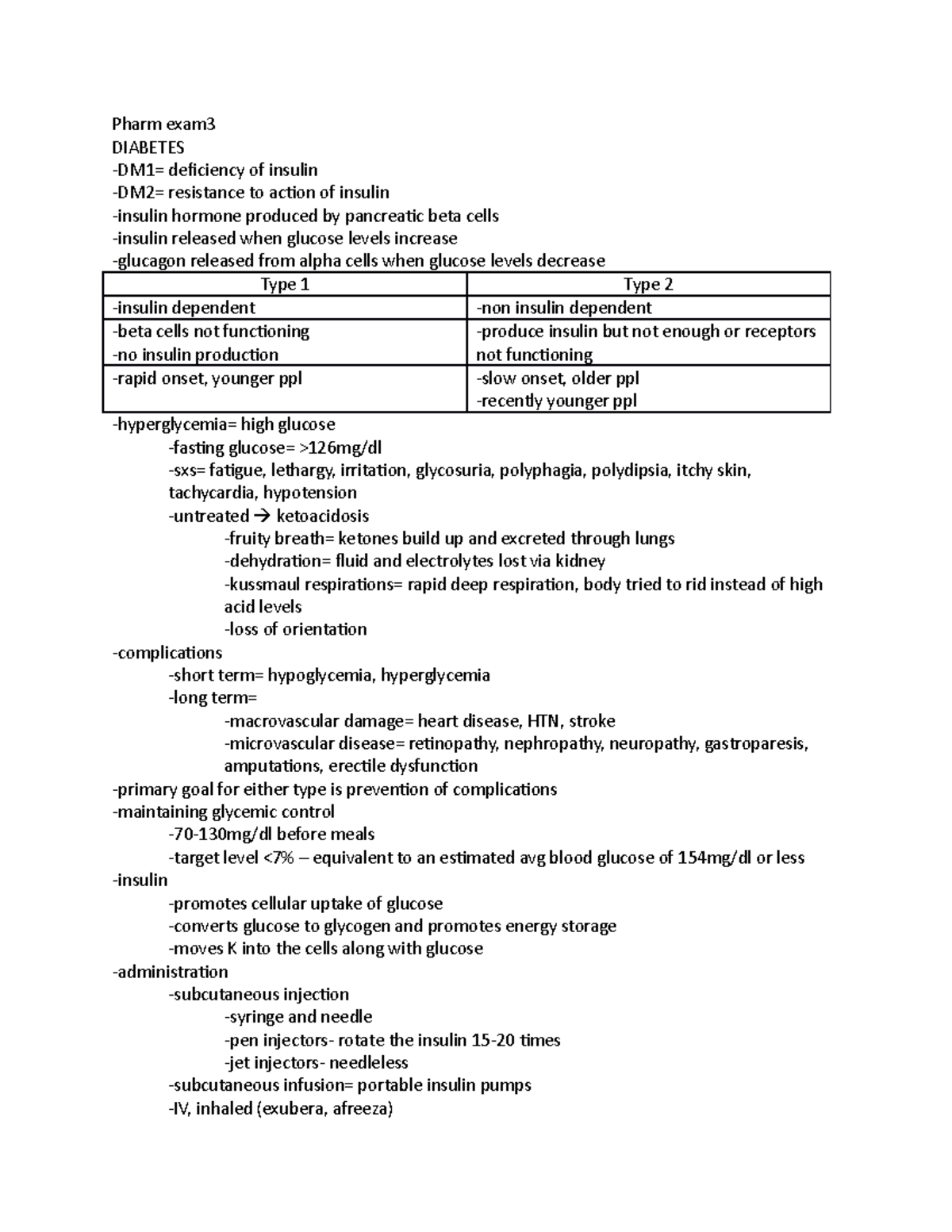 Pharm exam3 - Exam review - Pharm exam DIABETES -DM1= deficiency of ...