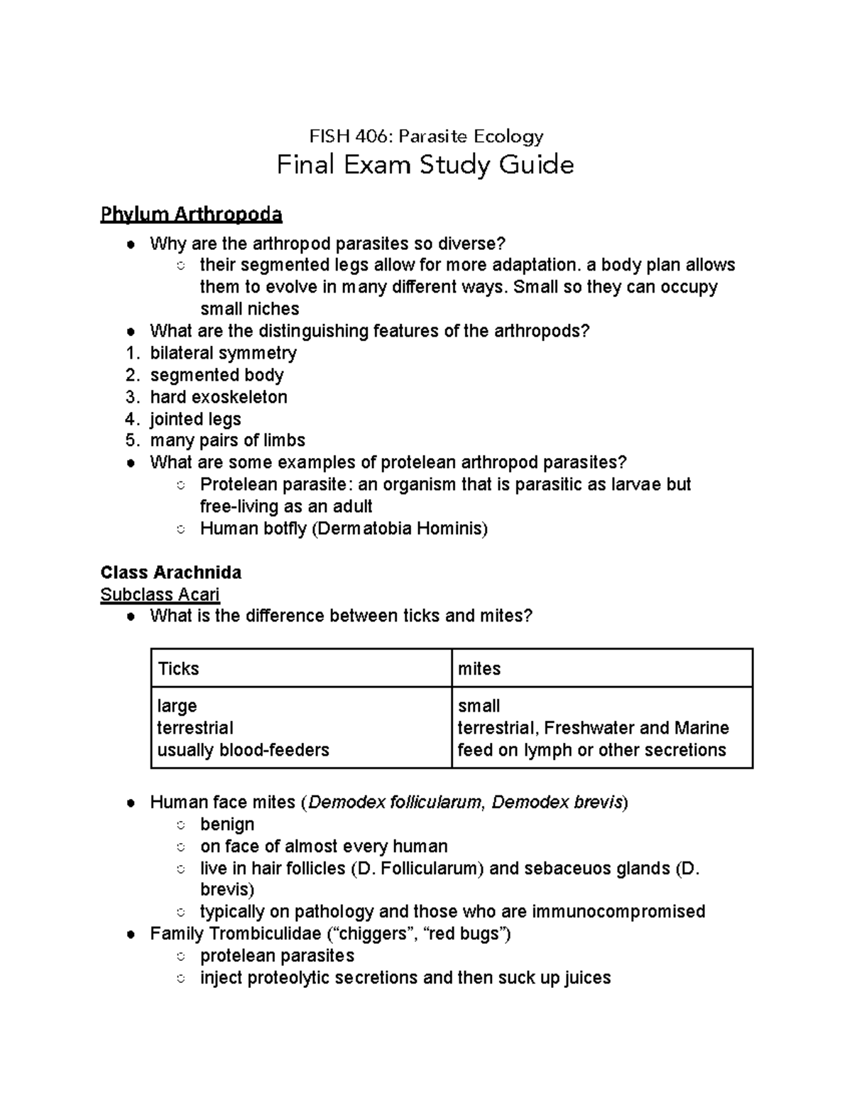 406Final exam study guide - FISH 406: Parasite Ecology Final Exam Study ...