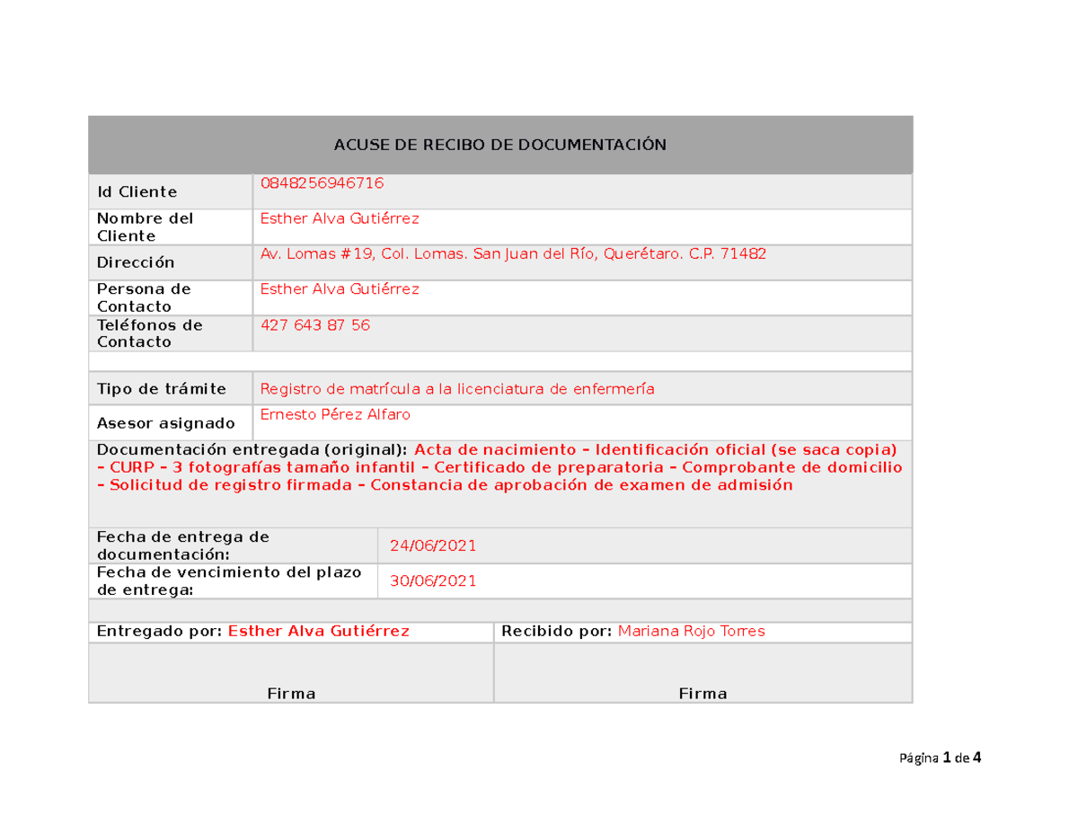 Acuse De Recibo De Documentación Acuse De Recibo De DocumentaciÓn Id Cliente 0848256946716