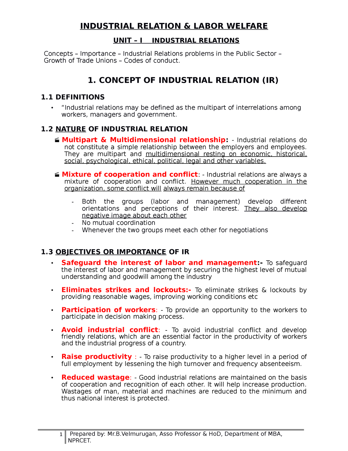 Unit - 1 - Industrial Relations - INDUSTRIAL RELATION & LABOR WELFARE ...