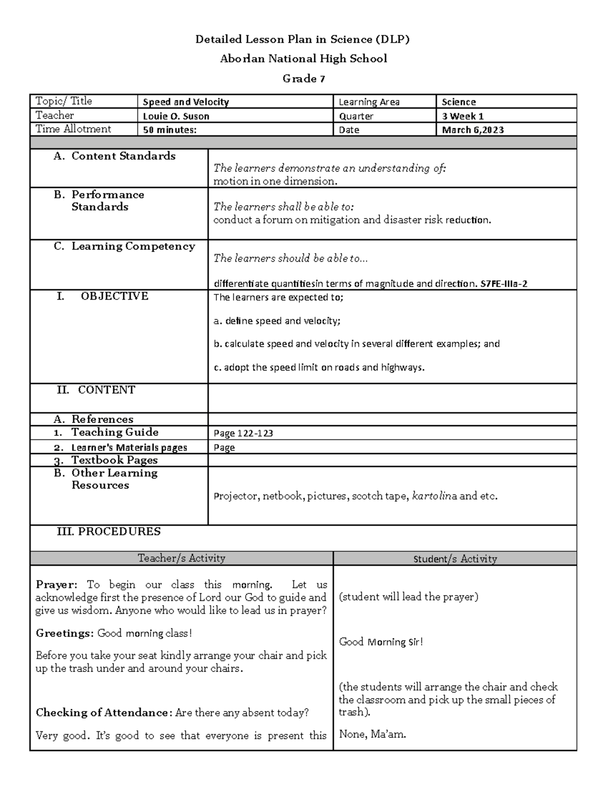 Pt2 Grade 7 Speed And Velocity Detailed Lesson Plan In Science Dlp Aborlan National High 4483