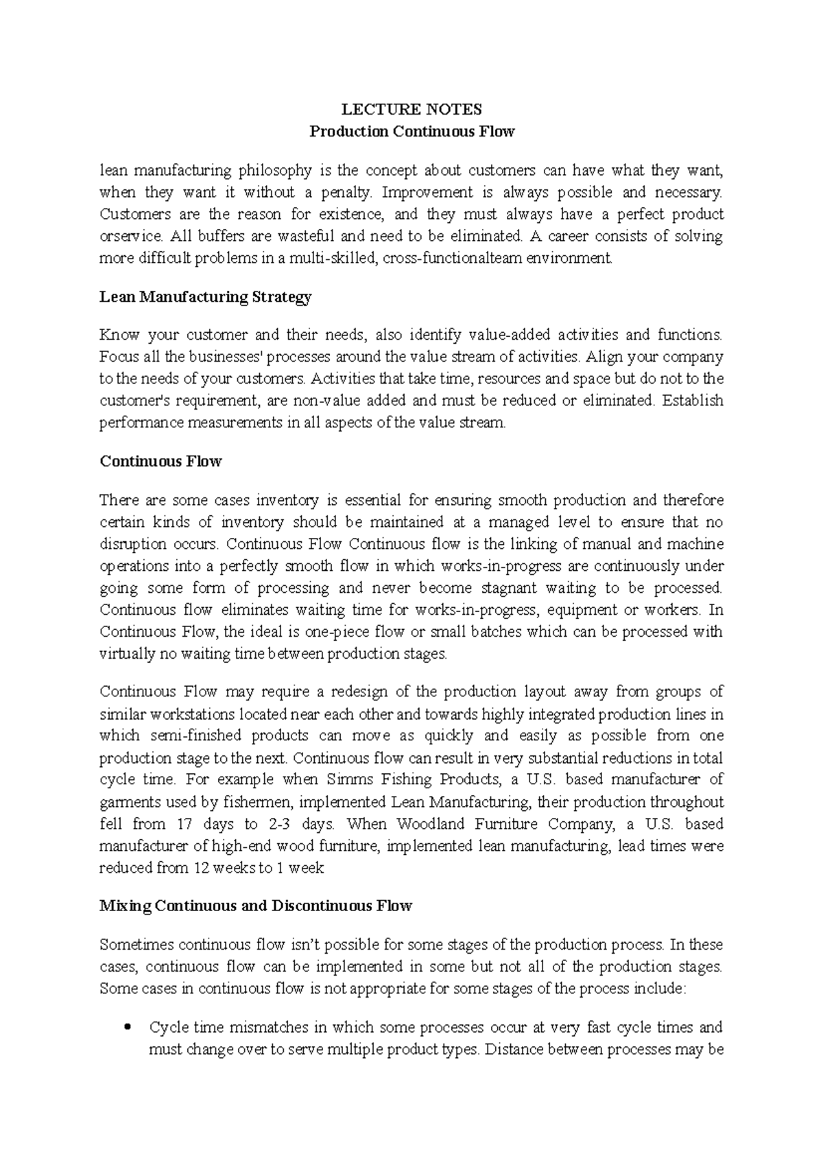 Business Management Production Continuous Flow - LECTURE NOTES ...