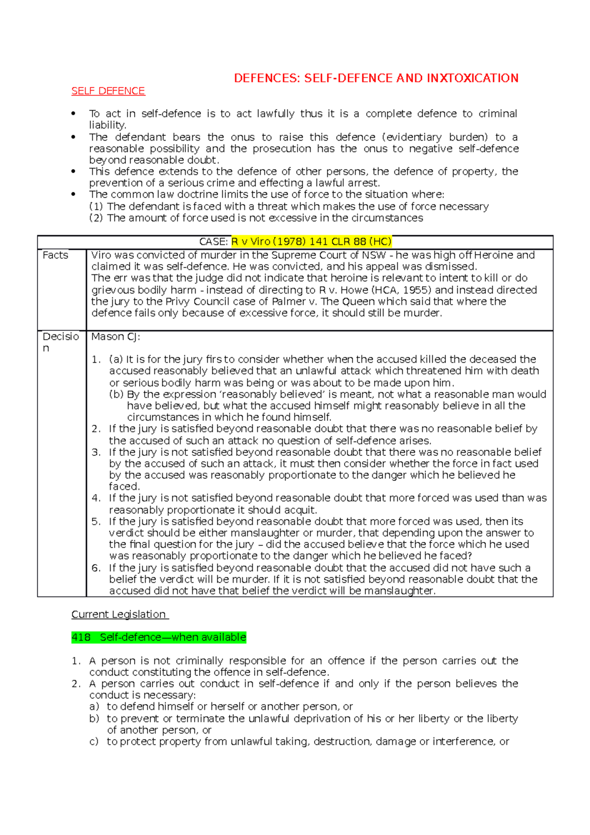 Criminal Law Notes - Self Defence And Intoxication - DEFENCES: SELF ...