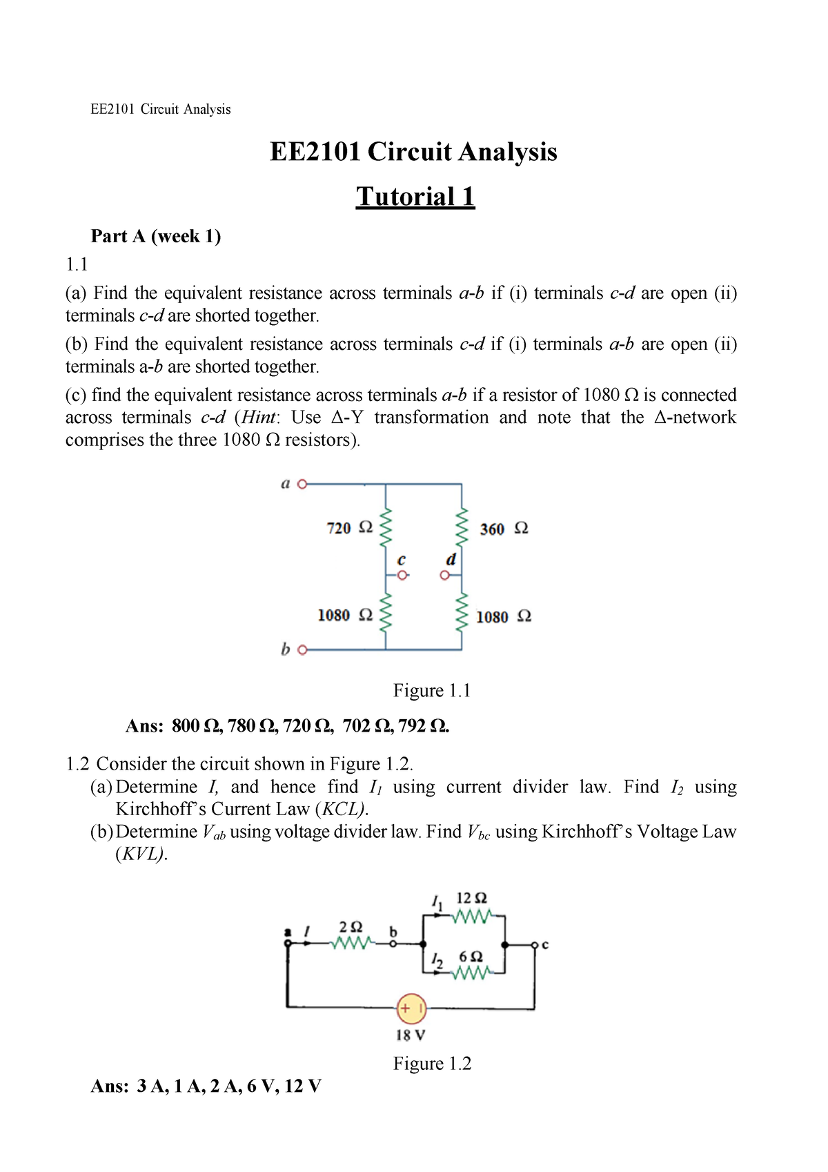 Tutorial 1 - EE2101 Circuit Analysis EE2101 Circuit Analysis Tutorial 1 ...