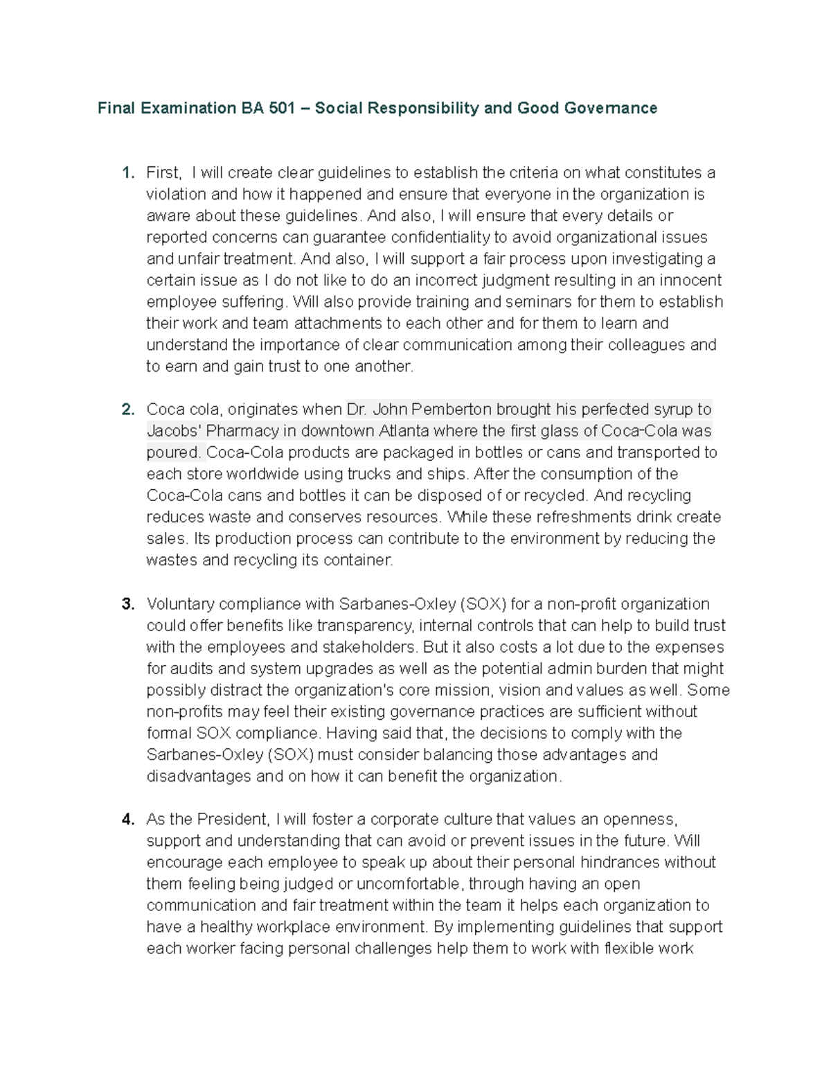Final Examination BA 501 – Social Responsibility and Good Governance ...