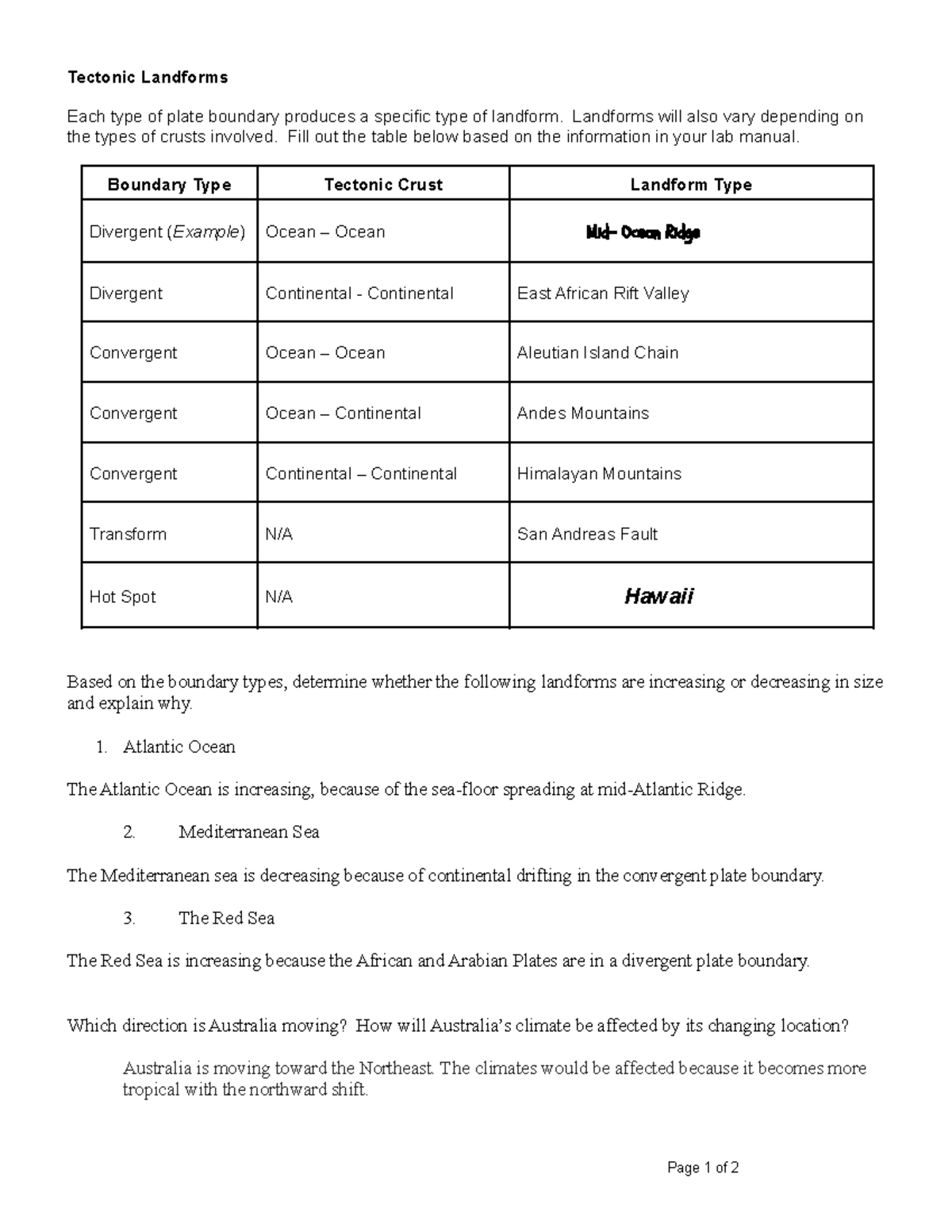 Plate Tectonics Lab Tectonic Landforms Each type of plate boundary