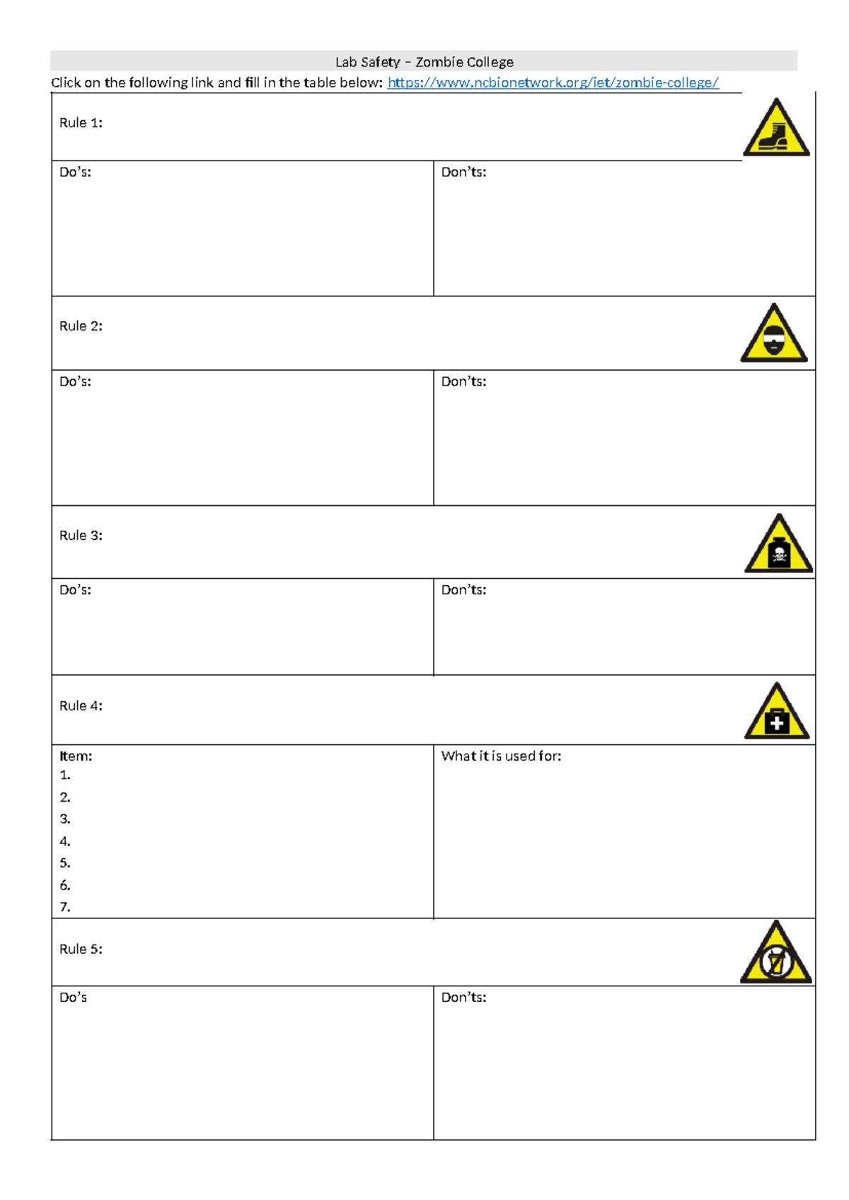 ZOmbie College Lab Safety Lab Safety Zombie College Click on the following link and fill in