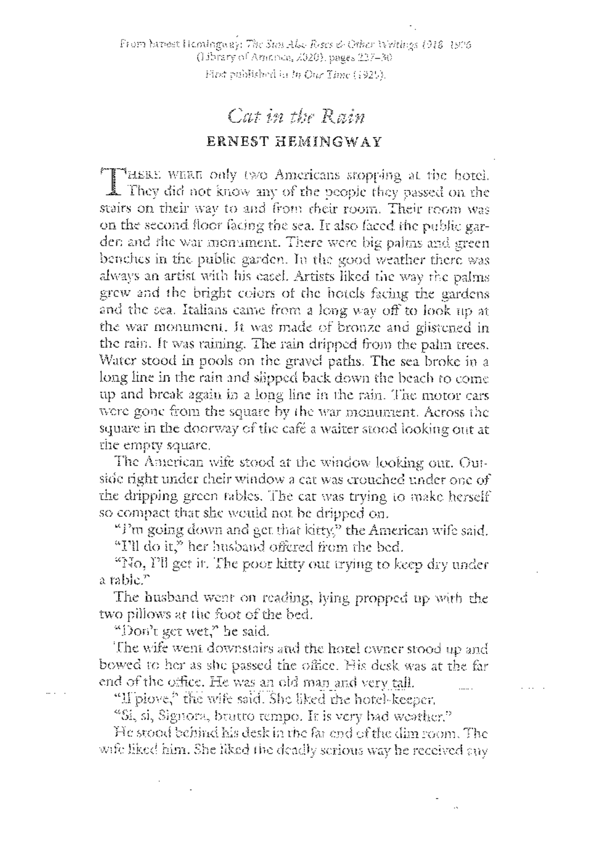 The Cat in the Rain - Hemmingway - Studocu